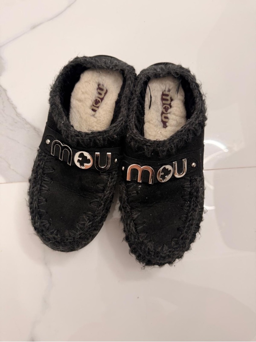 Mou Black Shearling-Trim Slip-On Moccasin Slippers